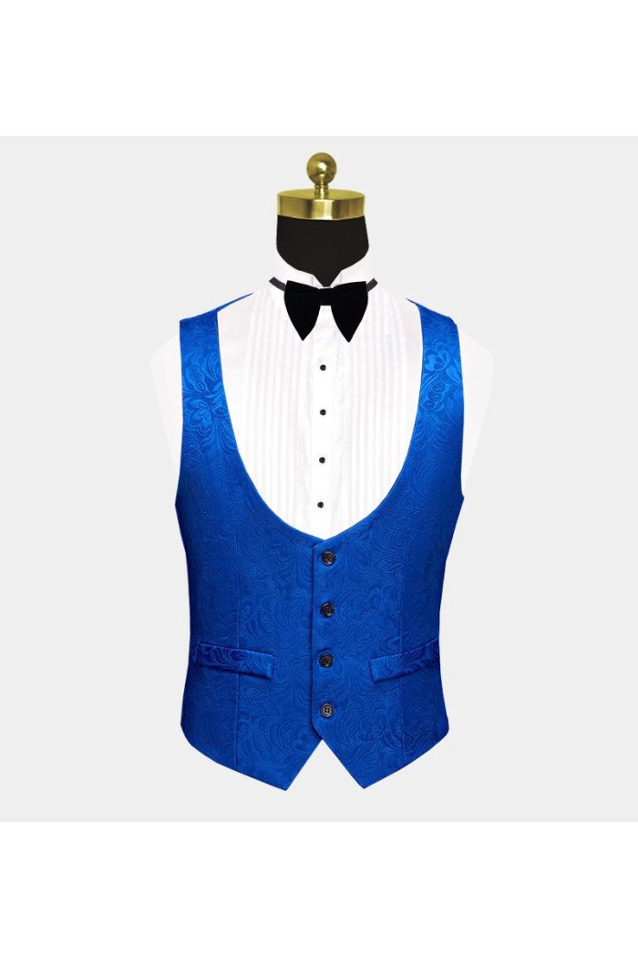 Modern Royal Blue Floral Jacquard Men Suits Close Fitting Suit 