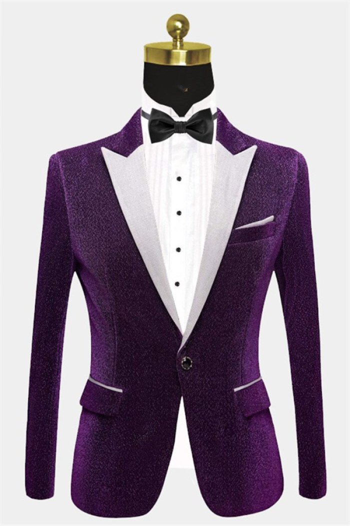 Stylish Shiny Purple Sequin Blazer  Peak Lapel Glitter Prom Men Suits