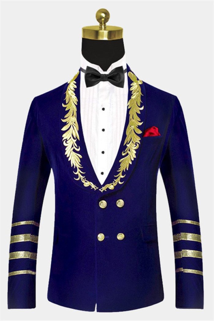 Stylish Royal Blue Blazer Gold Embroidered Lapel Velvet Jacket