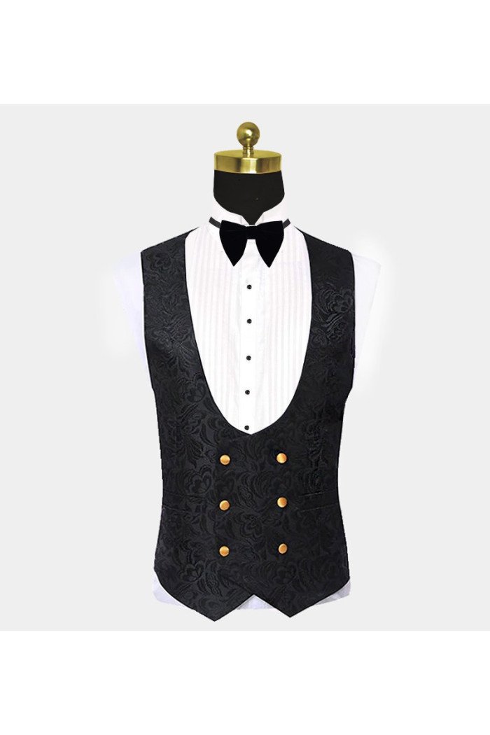 Modern Black Jacquard  Suit with Gold Shawl Lapel 3-Pieces Men Suits