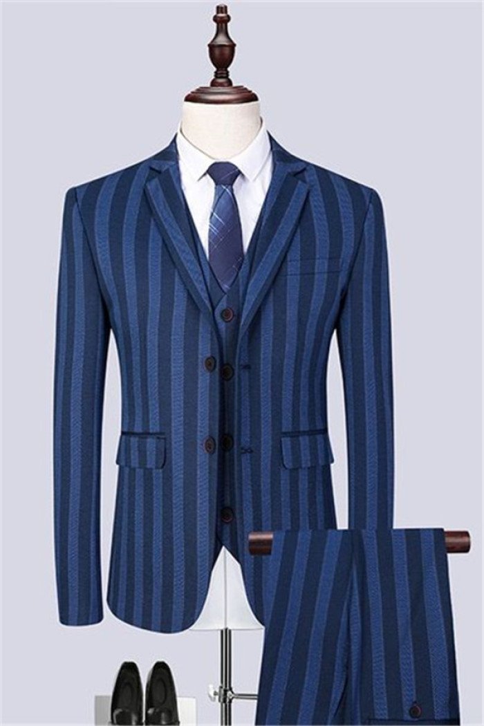 Classic Navy Blue Strip Business Men Suits 3-Pieces Formal Notched Lapel  Suit
