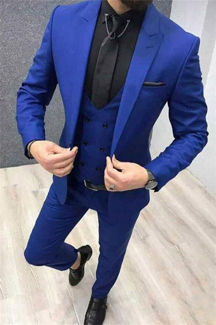 Classic Royal Blue Peak Lapel Men  Suit New Arrival Prom Men Suits with 3 Pieces