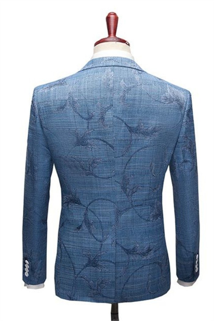 Classic Ocean Blue Wood Business Men Suits  Notched Lapel Print  Suit