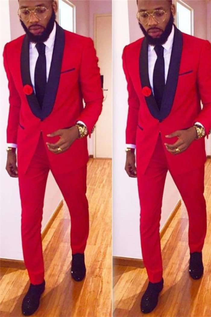 Classic Two Pieces Red Men Suits with One Button Latest Coat Pant Design Shawl Collar Prom  Suit