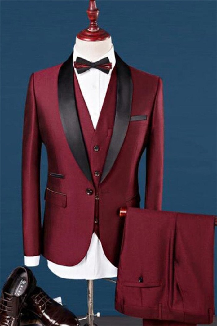 Classic Wine Red Shawl Lapel Wedding  Suits Dress Prom Men Suits 3 Pieces