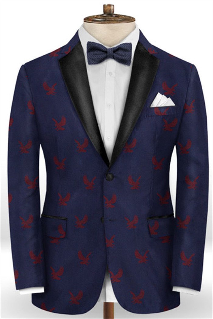 Fashion Dark Navy Printed  Suit for Prom Two Buttons Men Suits for Boy