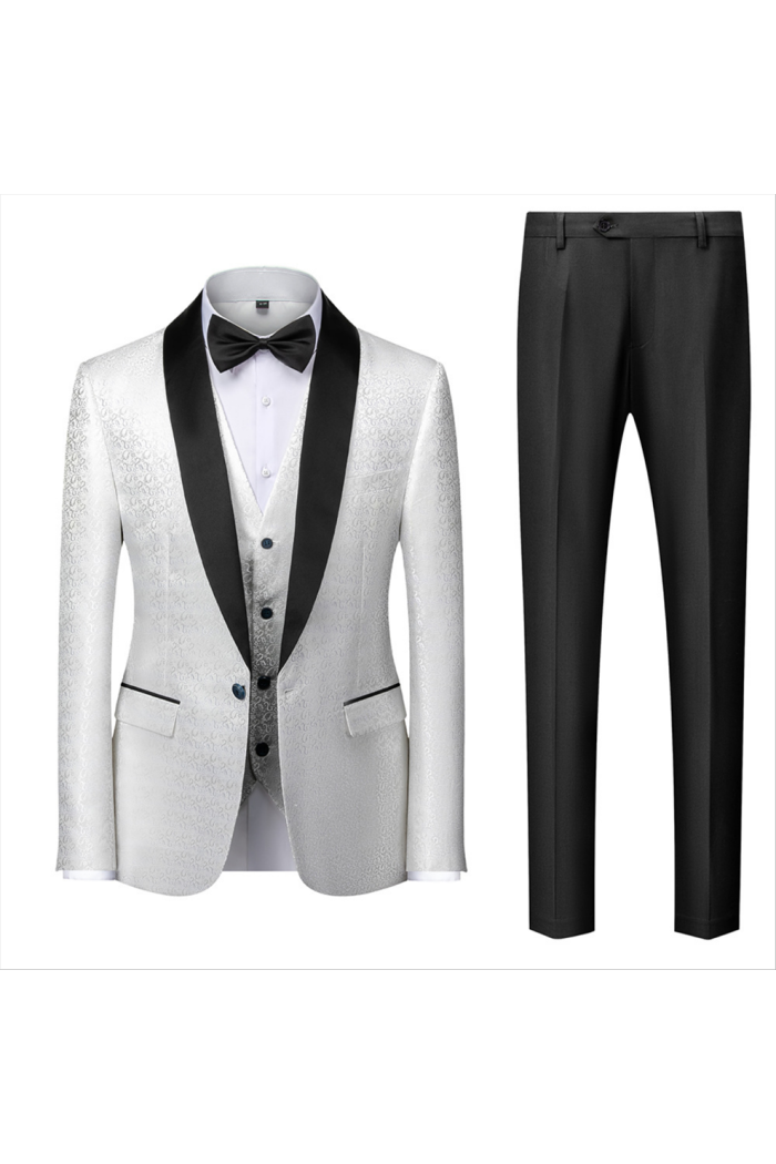 Fashion Gentle Black and White Men's Wedding  Suits Satin Shawl Lapel Jacquard Prom Suits