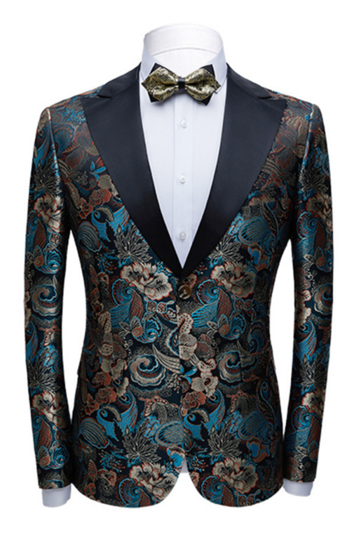 Fashion Multicolors Peak Lapel with Black Satin Wedding  Suits Vintage Jacquard Men's Prom Suits