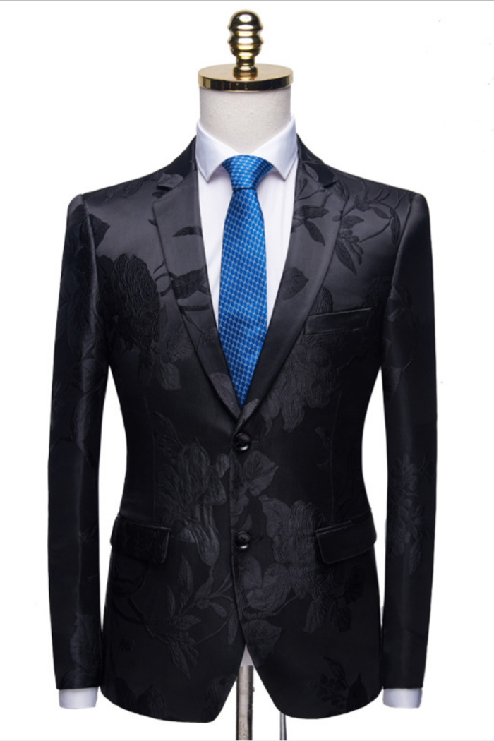 New Arrival Fashion Notched Lapel Two Buttons Men's Suits Floral Jacquard Black Wedding  Suits