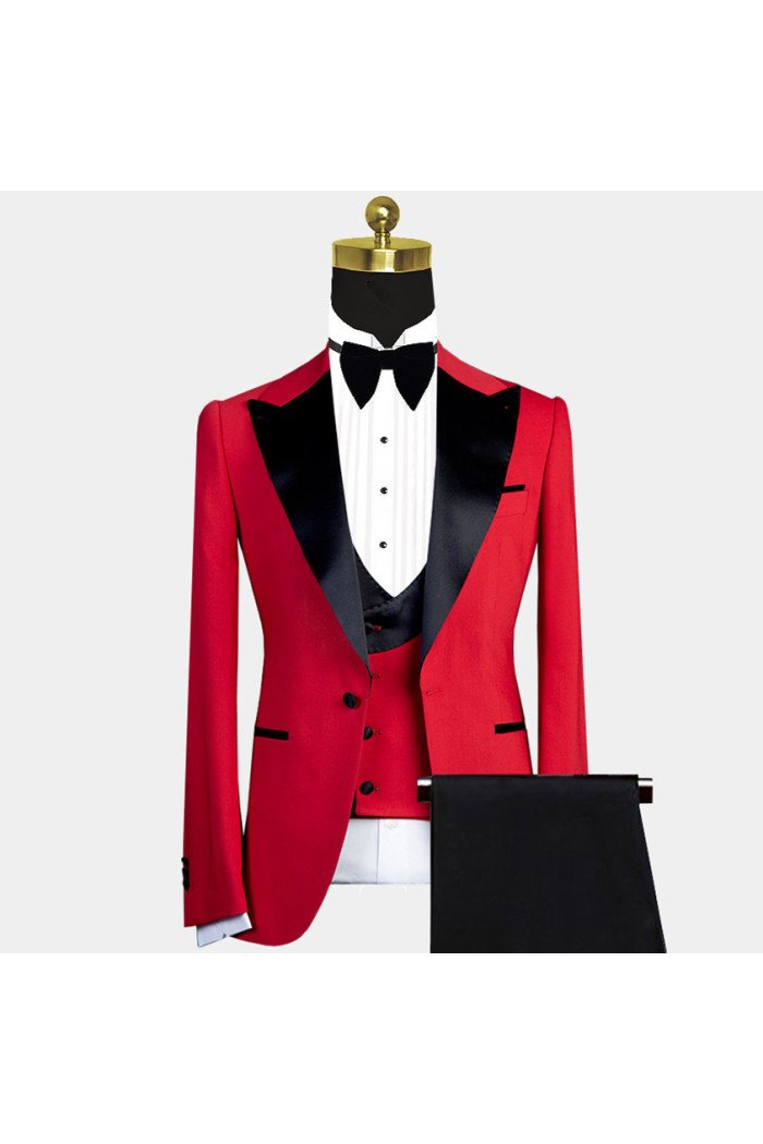 New Arrival Davis Red Peaked Lapel Close Fitting Men Suit with Black Lapel