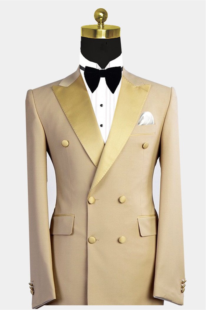 New Arrival Reed Gold Peaked Lapel Double Breasted Bespoke Men Suit for Prom