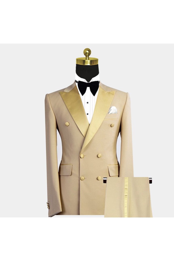 New Arrival Reed Gold Peaked Lapel Double Breasted Bespoke Men Suit for Prom