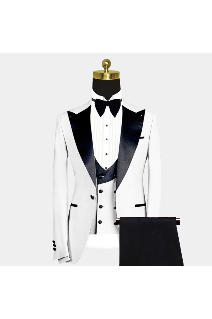 Newest Russell Stylish White Close Fitting Peaked Lapel Wedding Groom Suit