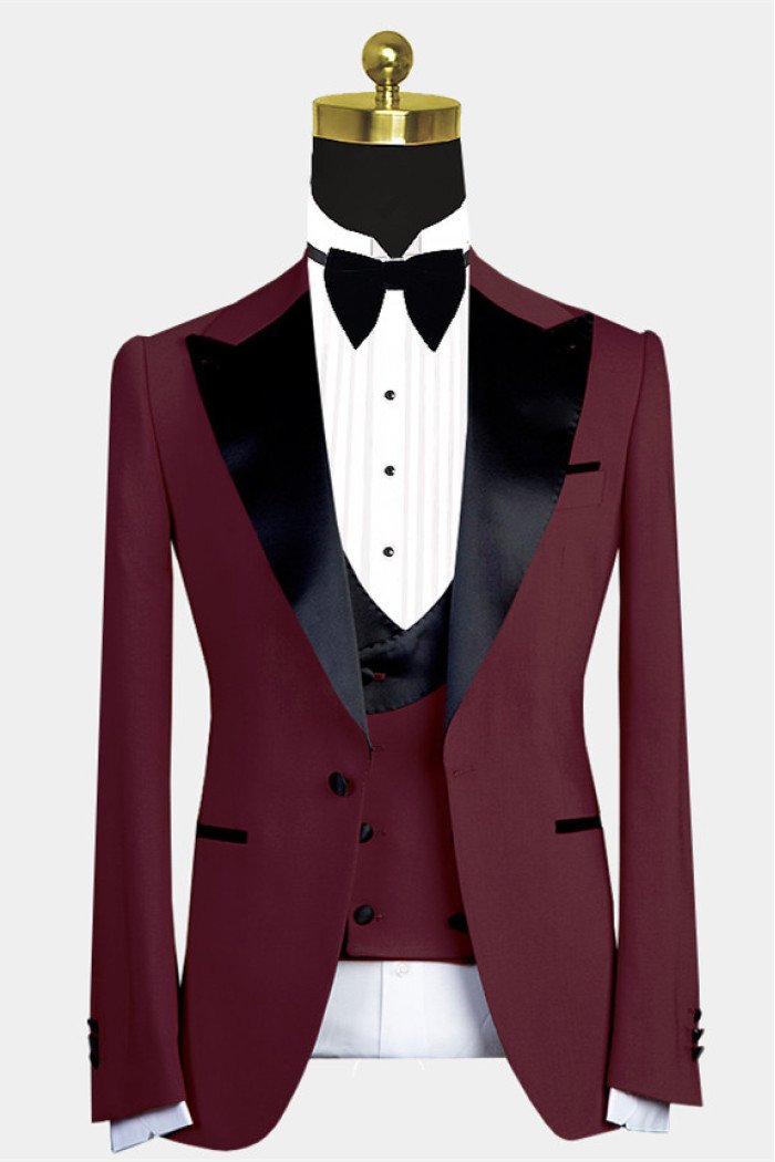 Newest Bryant New Arrival Burgundy Close Fitting Prom Men Suits with Black Lapel