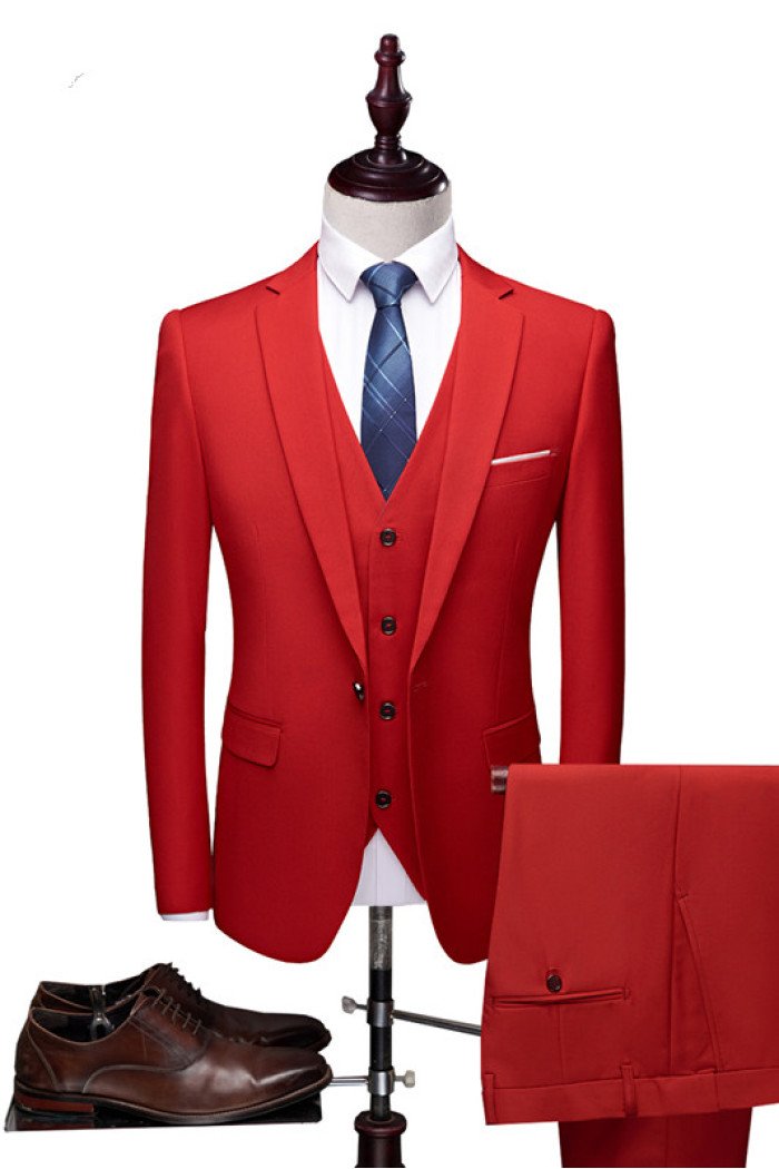 Stylish Red Stylish Notched Lapel  Suit Bespoke 3-Pieces Men Suits