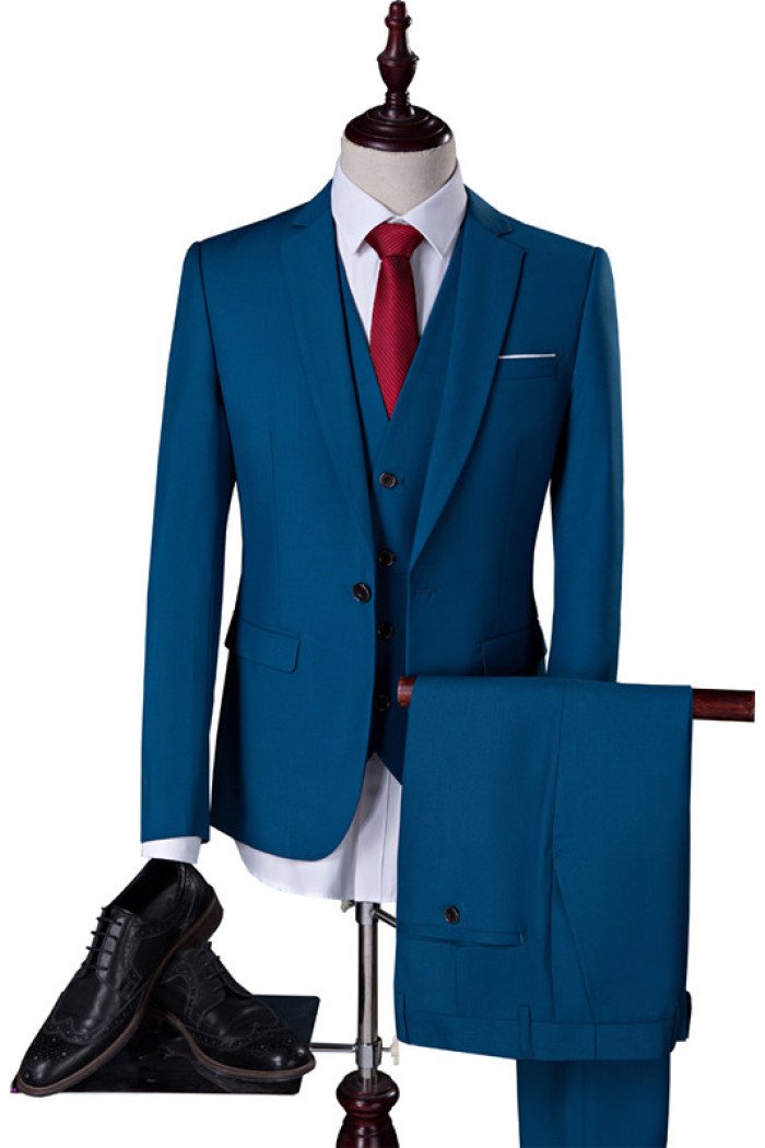 Stylish Teal Blue Notch Collar Men Suits Formal Close Fitting Men Suit with 3 Pieces
