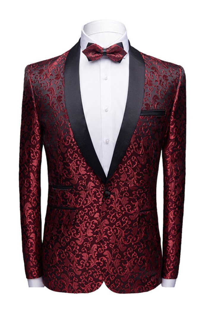 Stylish Burgundy Paisley  Suit Jacket Glamorous Jacquard Blazer for Prom