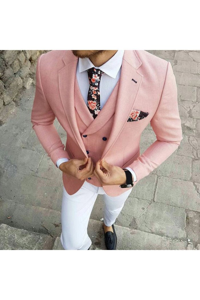 Newest Reese Pink Three-Pieces Close Fitting Notched Lapel Prom Men Suits