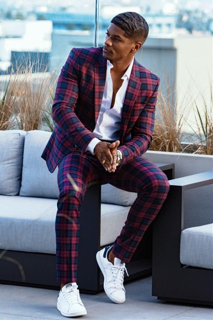 Newest Tshibanda Stylish Plaid Close Fitting Bespoke Prom Men's Suit