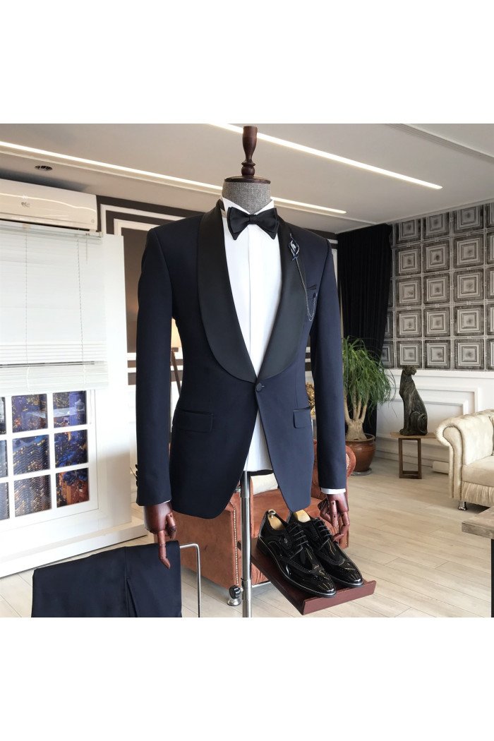 Newest Allan Dark Navy Stylish Shawl Lapel One Button Wedding Men's Suits