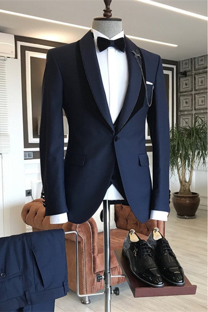 Newest Tomas Navy Blue Shawl Lapel One Button Wedding Groom Suits