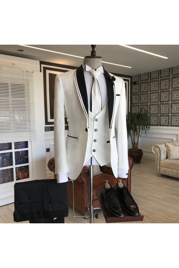 Newest London White Close Fitting Bespoke Wedding Men's Suits with Black Shawl Lapel