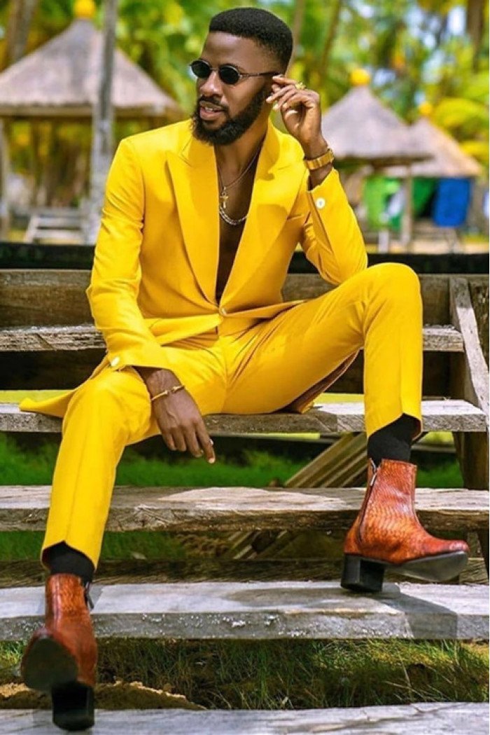Fashion Hot Yellow Peaked Lapel One Button Men Suits for Prom