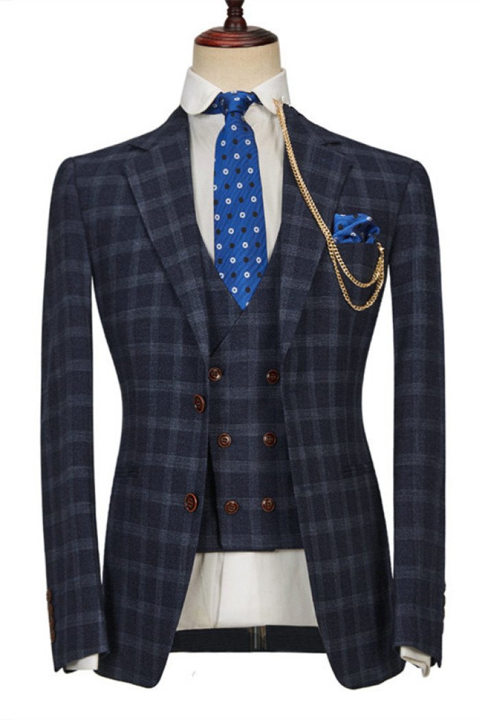 Cool Dark Blue Plaid Stylish Notched Lapel Men Suits