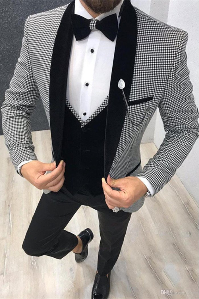 Cool Black Houndstooth Shawl Lapel 3-Pieces Men Suits