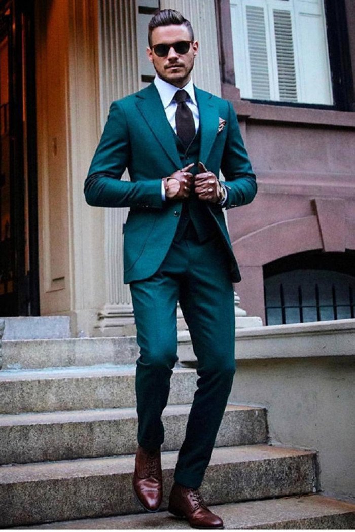 Cool Stylish Green Notched Lapel 3-Pieces Close Fitting  Men Suits
