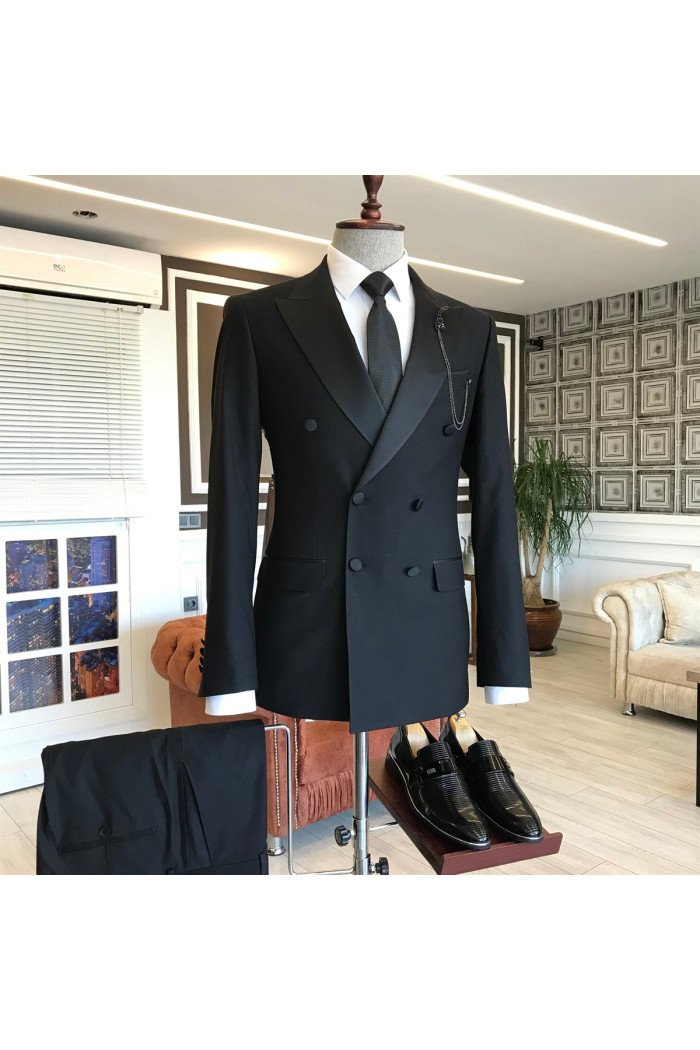 Cool Black Double Breasted Peaked Lapel Stylish Men Suits