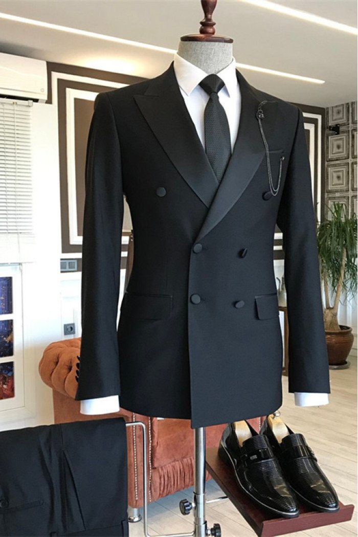 Cool Black Double Breasted Peaked Lapel Stylish Men Suits