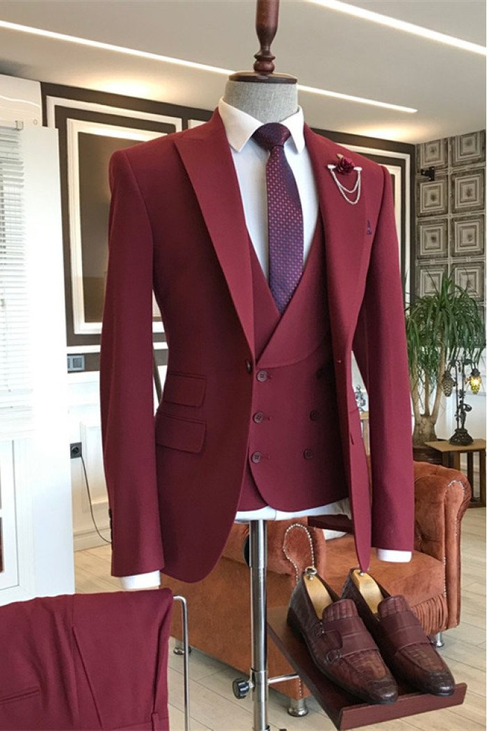 Cool Dark Red 3-Pieces Peaked Lapel Men Suits