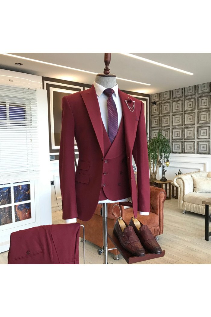 Cool Dark Red 3-Pieces Peaked Lapel Men Suits