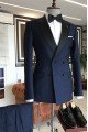 Cool Dark Navy Peaked Lapel Double Breasted Close Fitting Men Suits