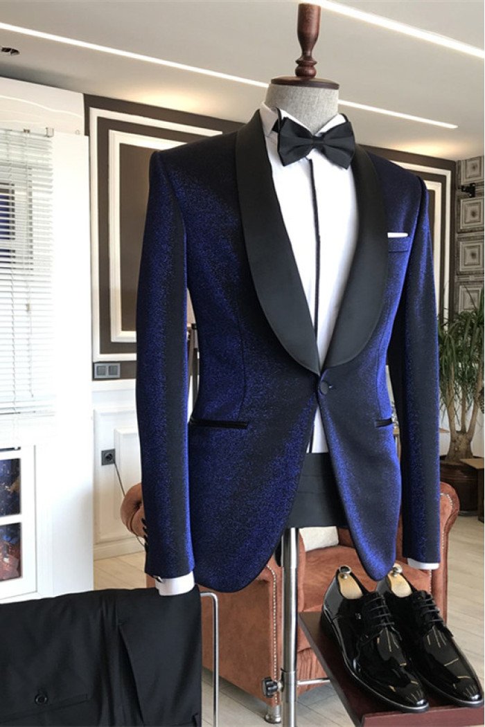 Newest Sparkly Navy Blue Shawl Lapel Wedding Suits with Black Lapel