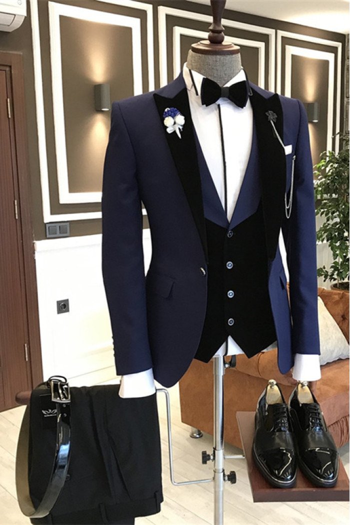 Newest Dark Navy Stylish Peaked Lapel Men Suits with Velvet Lapel