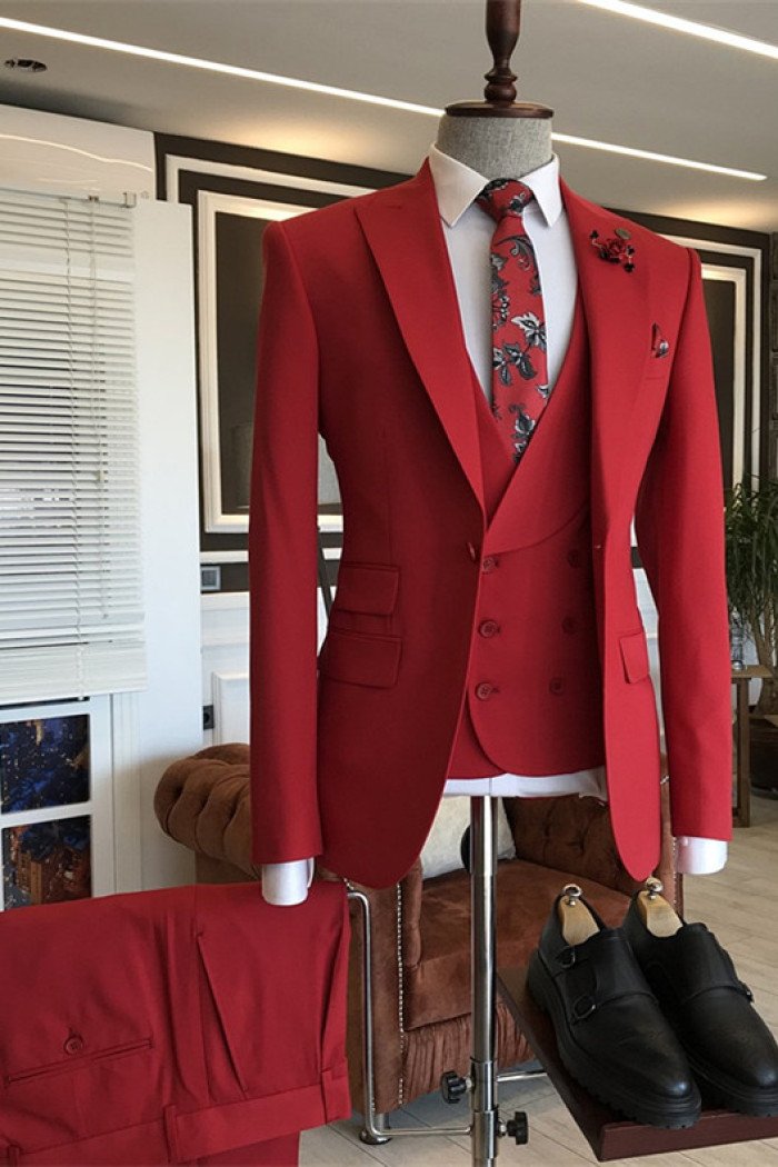 Newest Red Bespoke 3-Pieces Peaked Lapel Prom Men Suits