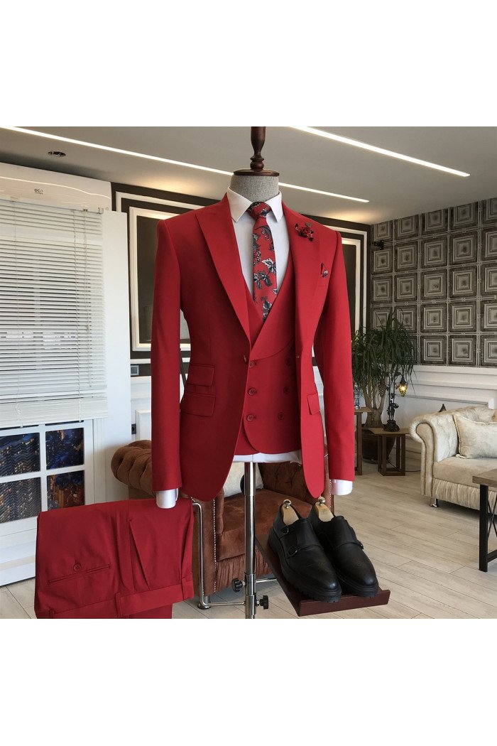 Newest Red Bespoke 3-Pieces Peaked Lapel Prom Men Suits