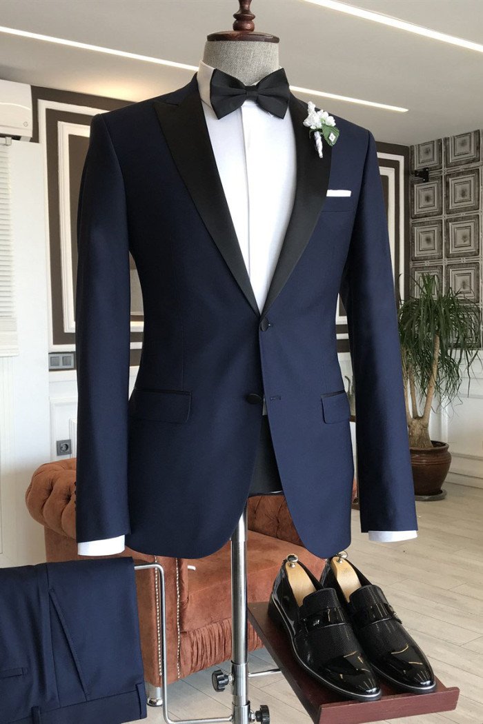 Newest Modern Dark Blue Peaked Lapel Single Breasted Close Fitting Men Suits