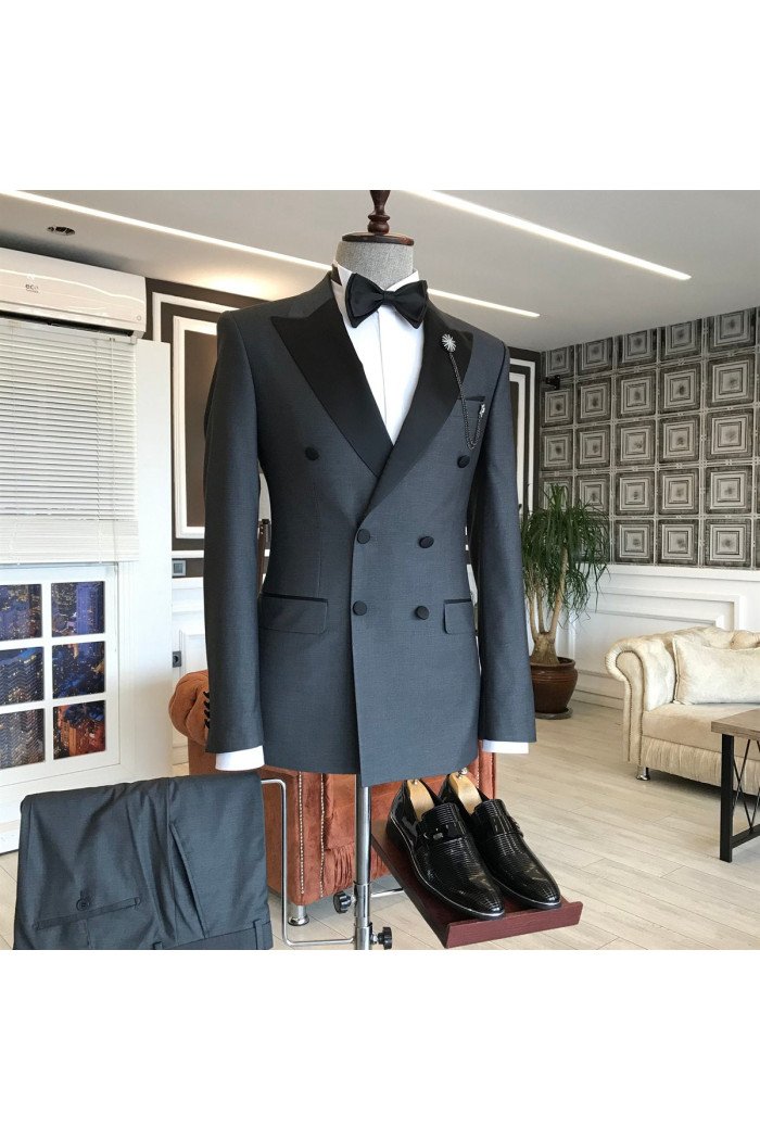Newest Modern Black Peaked Lapel Double Breasted Formal Men Suits