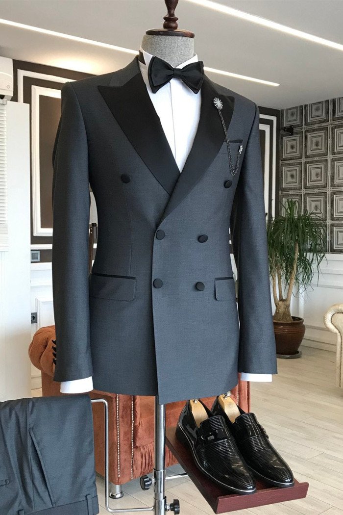 Newest Modern Black Peaked Lapel Double Breasted Formal Men Suits