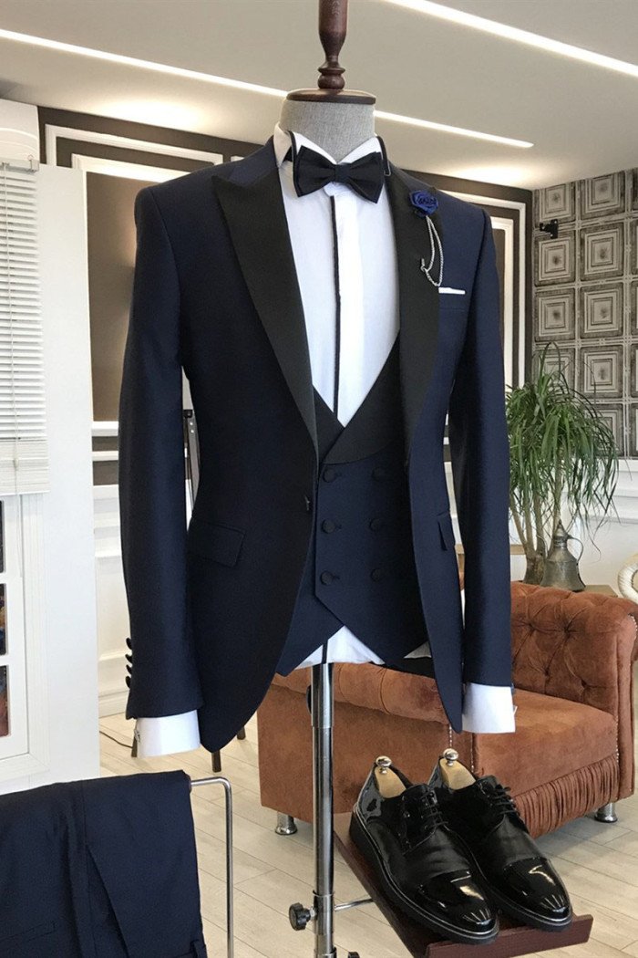 New Arrival Dark Blue Prom Men Suits With Black Peaked Lapel