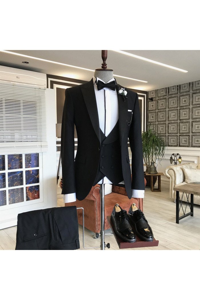 New Arrival All Black Peaked Lapel Close Fitting Formal Men Suits