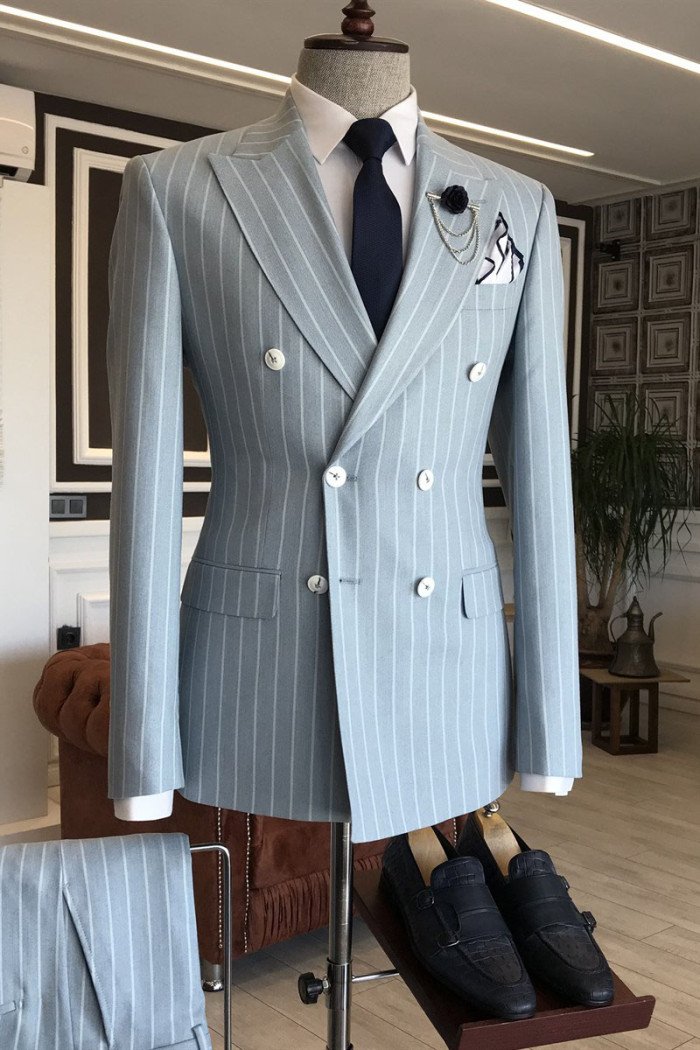 New Arrival Gray Striped Peaked Lapel Double Breasted Men Suits For Business
