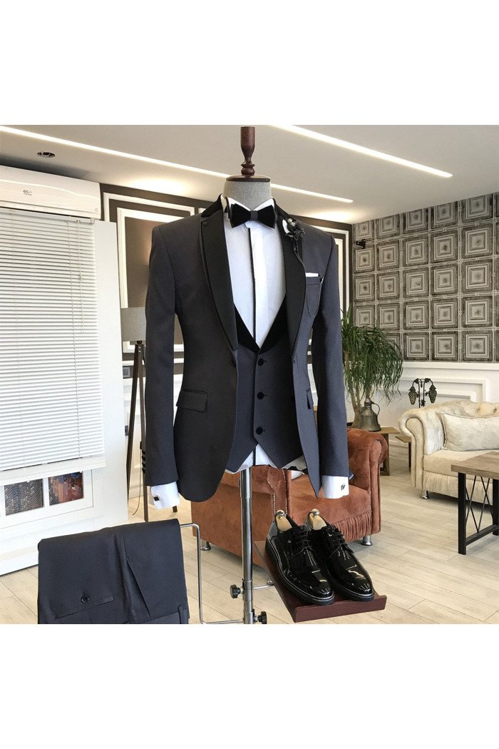 Elmer Modern 3-pieces Black Notched Lapel Close Fitting Business Men Suits