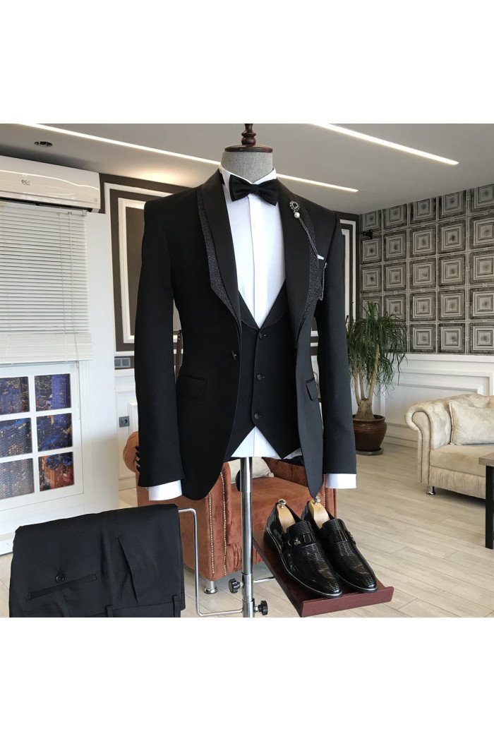 Frederic Handsome 3-pieces Black Shawl Lapel One Button Wedding  Suits