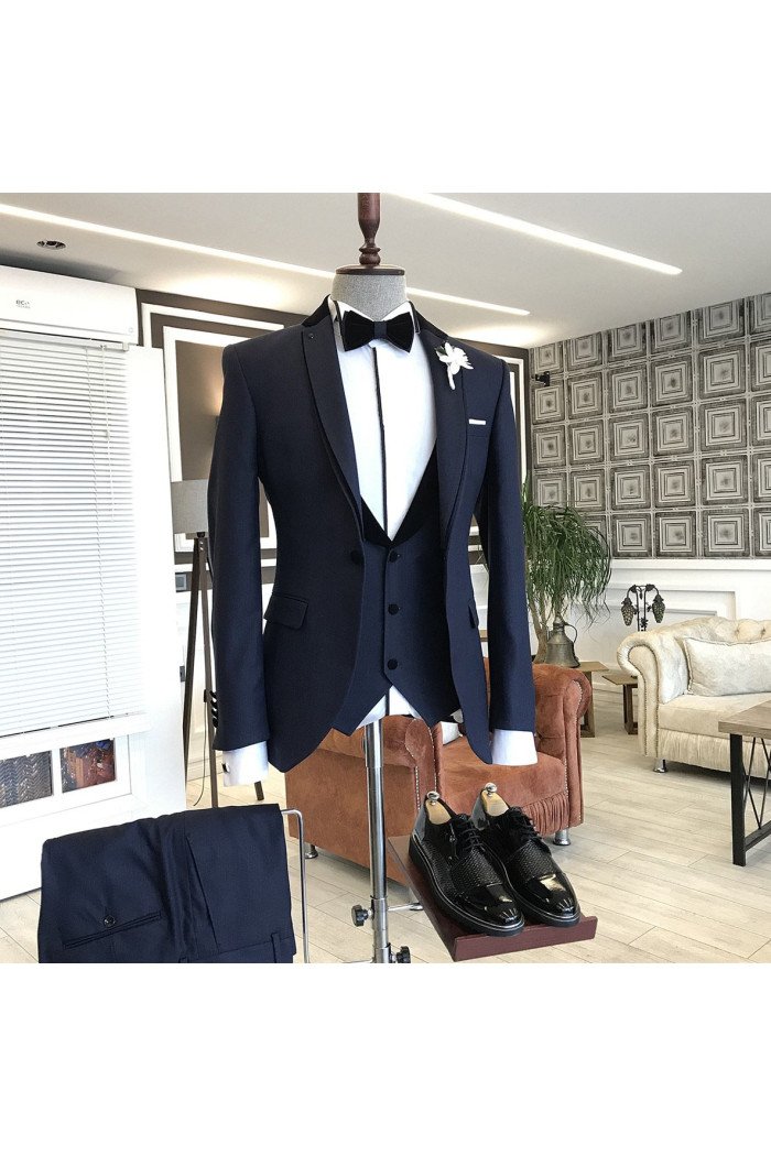 Hale Fashion 3-pieces Dark Navy Blue Notched Lapel Close Fitting Men Suits