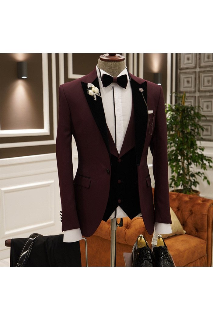 Herbert Burgundy 3-pieces Peaked Lapel Close Fitting Prom Men Suits