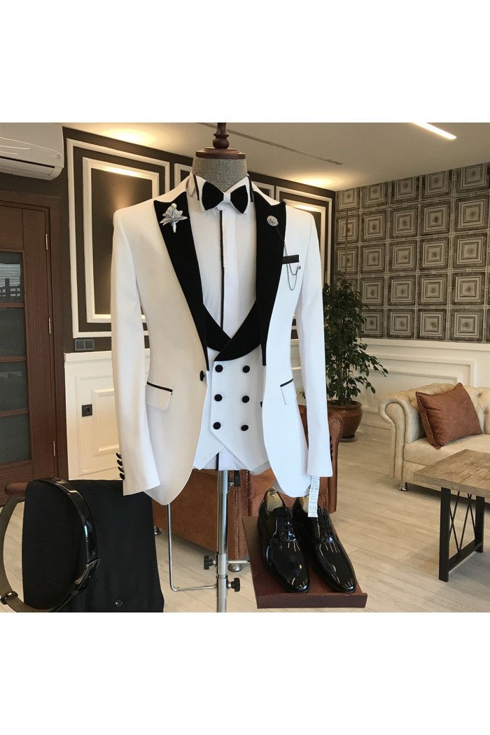 New Arrival Handsome White Mixed Black Peaked Lapel One Button Close Fitting Prom Men Suit